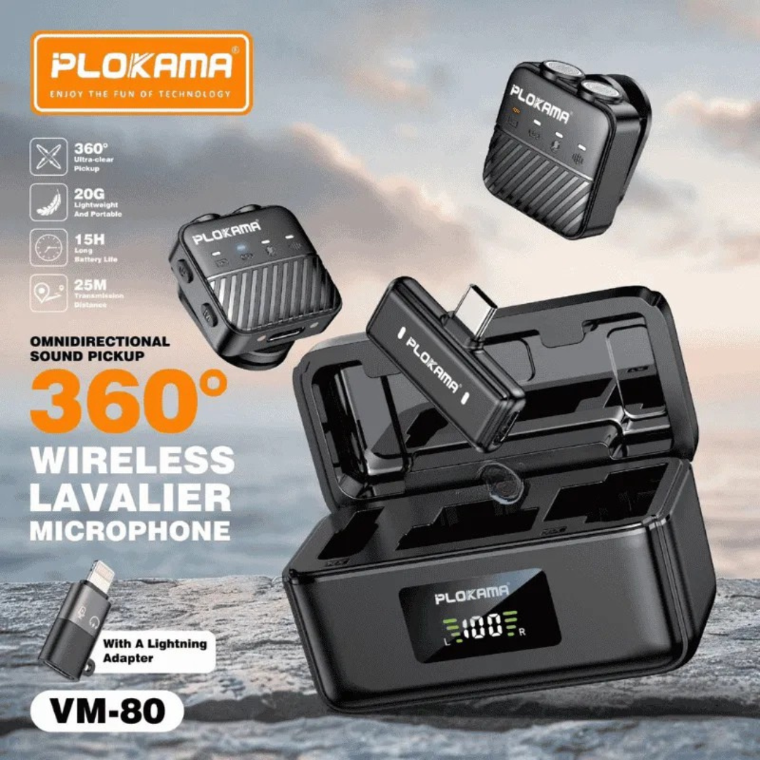 PLOKAMA VM-80 360° Wireless Lavalier Microphone | Dual Mic System with Magnetic Pickup Bazarcha