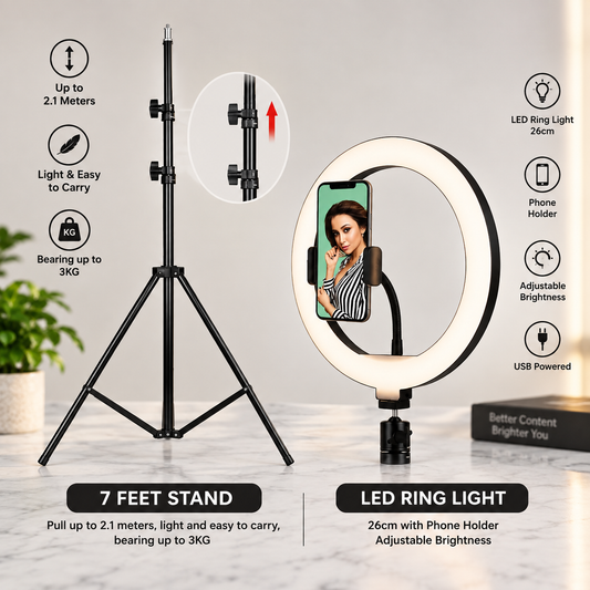 Creator Bundle - 7FT Adjustable Tripod Stand + 26cm LED Ring Light with Phone Holder Bazarcha