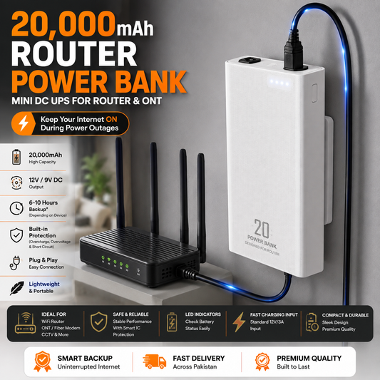 20,000mAh Router Power Bank UPS | 12V/9V DC Backup for WiFi Router & ONT Bazarcha