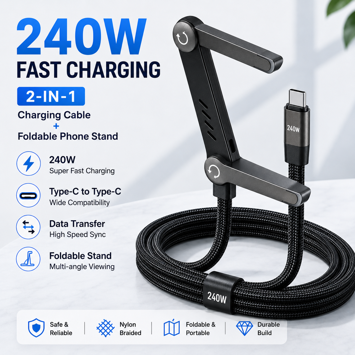 240W Fast Charging Type C Data Cable with Built in Folding Phone Stand Bazarcha