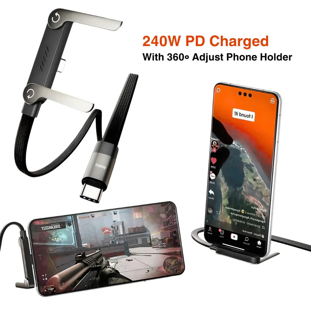 240W Fast Charging Type C Data Cable with Built in Folding Phone Stand Bazarcha