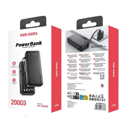 VEN-DENS VD-PB059 20000mAh Power Bank with Built-in Type-C, Lightning & Micro USB Cables - Portable Charger Bazarcha